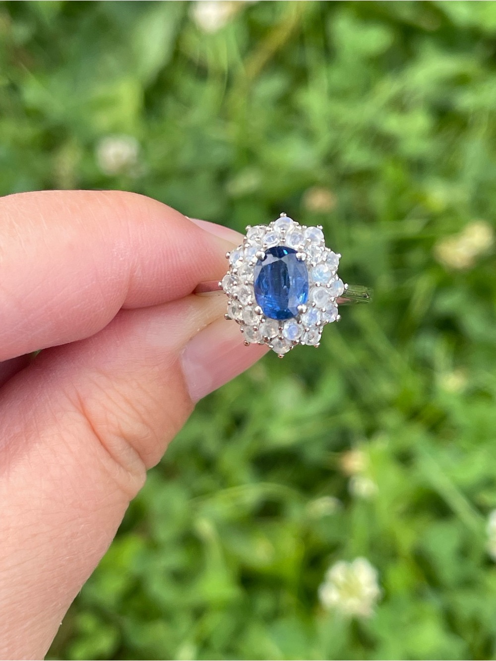 Kashmir Kyanite and Rainbow Moonstone Halo Ring